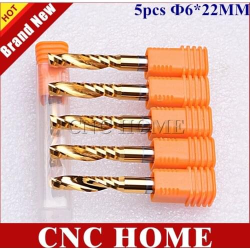 5 Pcs 6mm*25mm real hrc55 titanium coating carbide one flute spiral milling cutter, wood cnc router bits woodworking tools