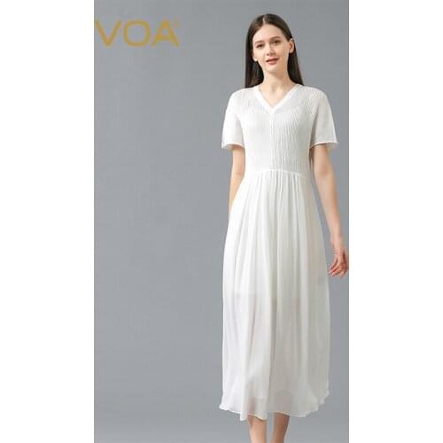 VOA Silk Fashion Jacquard Ivory White Party Dresses V-neck Short Sleeve Georgette Stitching Double Elegant Summer Dress AE901