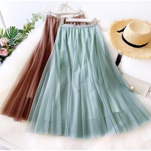 2020 Two Layer Summer Mesh Long High Waist Women Shiny Boho Pink Maxi Skirt Faldas Jupe Femme Saia