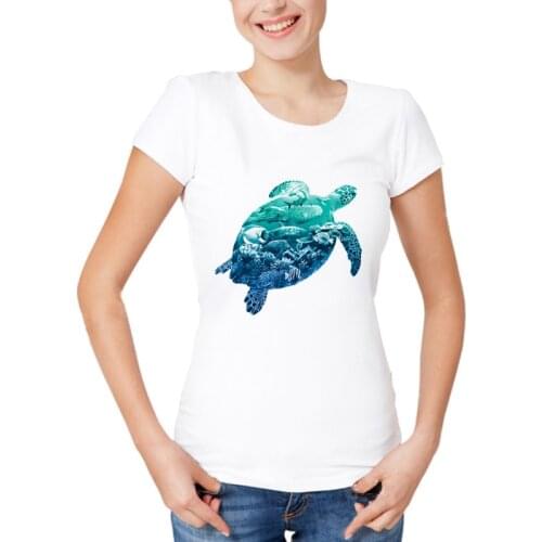 Women T-Shirts O-Neck Brand Top Tee Funny Shirt Lady T Shirts New Fashion tortoises Fusion sunrise&Ocean Life Print Pattern