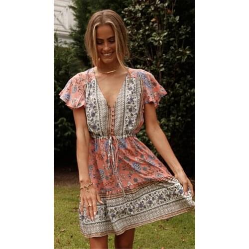 Happie Queens women Pink floral print deep V-neck front botton Bohemian mini dress ladies short sleeve Elestic Boho sundresses