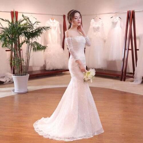 Boat Neck Floral Print Full Sleeves Elegant Wedding Dress White Floor-Length Mermaid New Plus Size Wedding Gowns For Women G329