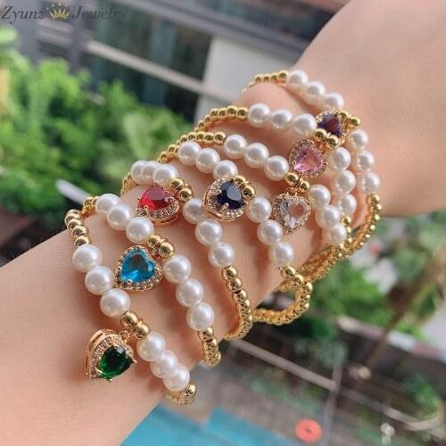 5PCS, Real Pearl Bracelet with Crystal Heart Charm Gold Beads Bracelets for Woman Girl, Freshwater Pearl Jewelry Charm Bracelet