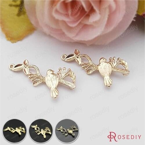D588)6 pieces30*15MM 24K Champagne Gold Color Plated Brass Branches Birds Necklace Charms Connector Jewelry Accessories