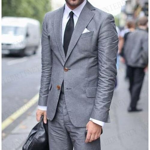 ANNIEBRITNEY Latest Coat Pant Designs Grey Linen Suit Men Casual Tuxedo Slim Fit Wedding Suits For Bridegroom Custom Mens Suits