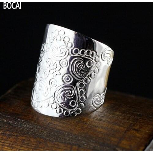 BOCAI New 100% Solid S925 Silver Jewelry fashion Art Print Five-Star Wide Version Woman Ring Adjustable
