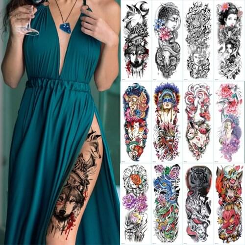 Large Arm Sleeve Tattoo Wolf Rose Lion Waterproof Temporary Tatto Sticker Clock Flower Waist Leg Body Art Full Fake Tatoo Women