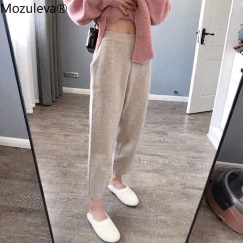 Mozuleva New 2020 Autumn Winter Women Pants Knitting Woolen High Waist Loose Elegant Korean Style Casual banana Pants P5712