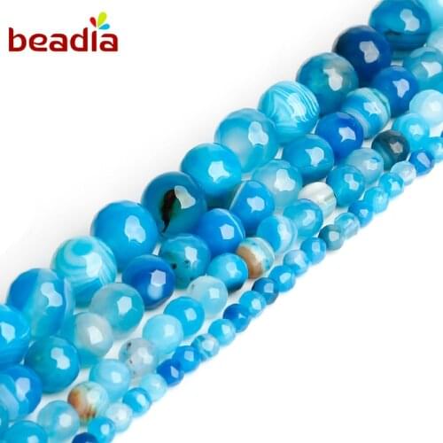 Hot Sell Dia 4/6/8/10mm Blue Banded Stripe Natural Beads Dyed Faceted Crystal Clear For DIY Necklace Bracelet