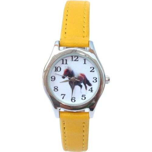Brand YELLOW Leather Cute Lovely Girl Ladies Womens Watch Childrens Gift Horse Quartz Student Kids Animal Wristwatch U11