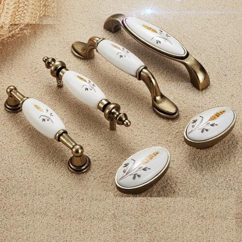 Flower Bronze White Cabinet Handle Wardrobe Furniture Pulls Zinc Alloy Ceramic European Fashion Kitchen Drawer Hardwares
