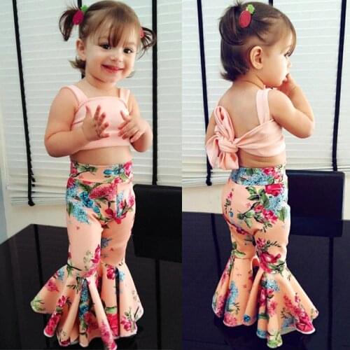 Kids Baby Girls clothes off shoulder strap solid sleeveless Tops Flower print Pants 2pc cotton casual Toddler newborn Outfits