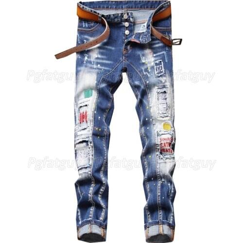 Famous Brand European dsq Biker Jeans New Tattered White Patch Denim Pants Letter Embroidered Paint Inkjet Pantalons Pour Hommes