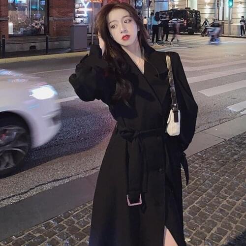 Elegant Women Trench Coat Autumn 2021 Double Breasted Long Coat With Belt Lady Streetwear Slim Outwear Female Black Windbreaker