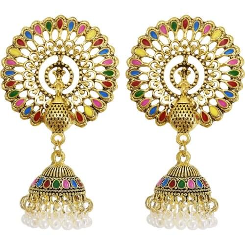 Ethnic Women Gold Metal Peacock Round Gypsy Jhumka Earrings Vintage Boho Tribe Pearl Tassel Drop Earrings Statement Jewelry Gift