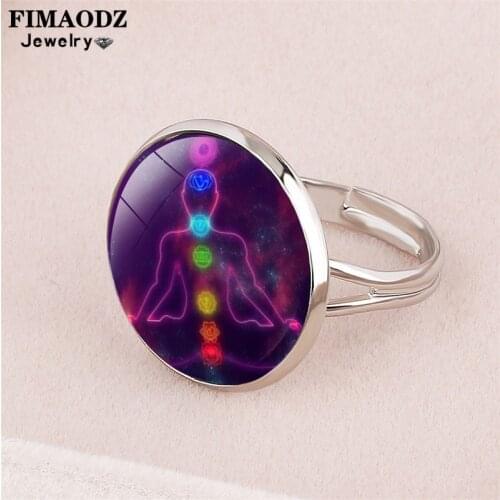 FIMAODZ 7 Chakra Glass Ring Reiki Balance Meditation Healing Buddhism Henna Om Yoga Mandala Painting Flower Rings For Women Men