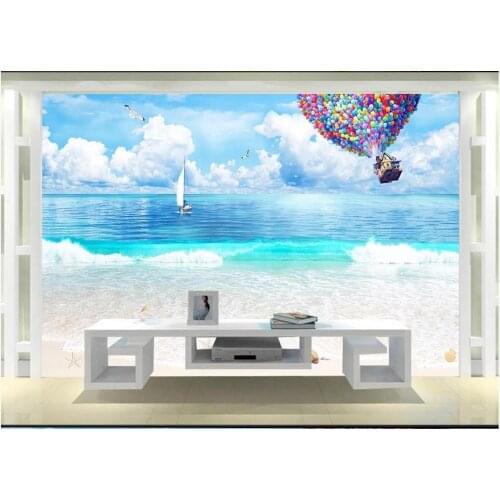 Custom murals wallpaper for walls 3 d mural Blue sky and white clouds big beach balloon 3D stereo seascape large background wall