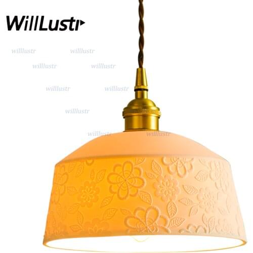 Art Deco Ceramic Flower Pendant Lamp Copper Suspension Light Hotel Restaurant Bedroom Study Cafe Bar Porcelain Handmade Lighting