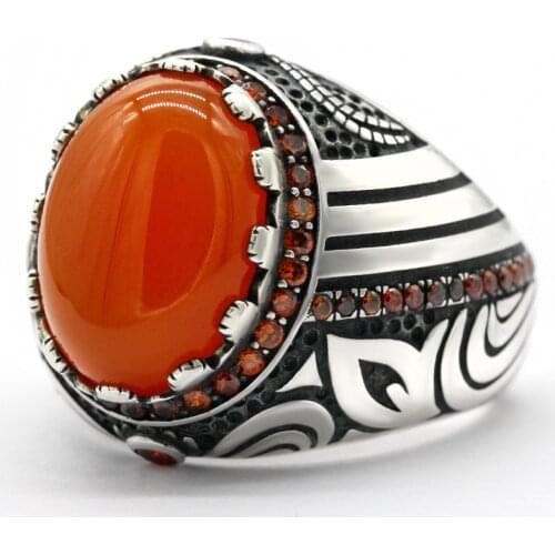 Real 925 Sterling Silver Men Ring Big Oval Natural Red Agate Stone Male Ring Vintage Turkish Handmade Jewelry Precious Gift