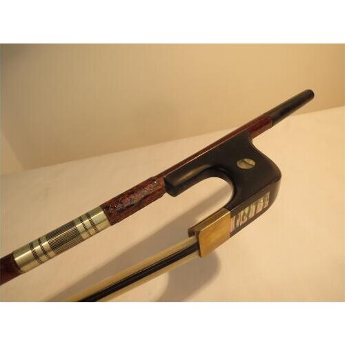 Strong Germany style Baroque Snakewood 3/4 bass bow,silver mount,black+white+black horse hairs