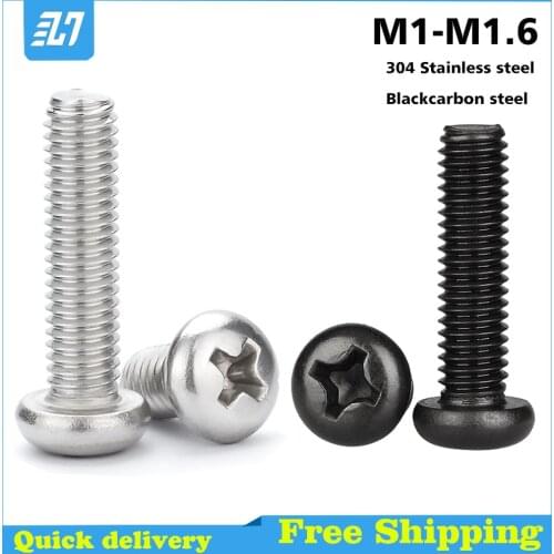 Phillips Small Pan Head Machine Screw Thread Metric Cross Round Head Bolt 304 Stainless Steel Black Steel M1M1.2 M1.4 M1.6M1.7
