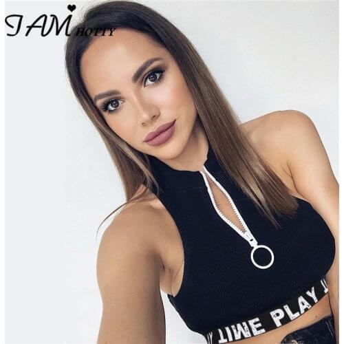 IAMHOTTY Letter Print Ribbon Zipper Black Tank Top Bodycon Ribbed Sporty Women Sexy Tops Off Shoulder Fitted Turtleneck Crop Top