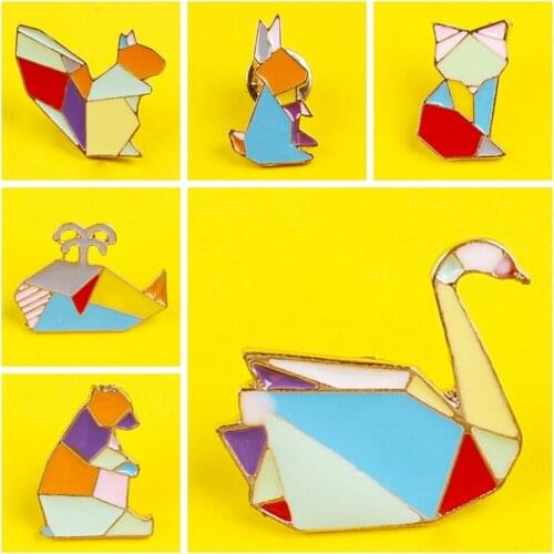 Fashion Origami Rabbit Cat Goose Whale Bear Squirrel Cartoon Brooches Colorful Splicing Animals Enamel Pins Badges Jewelry Gifts