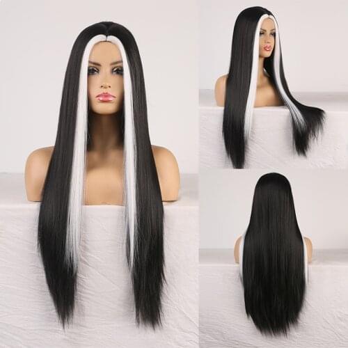 JOY&BEAUTY Fashion Long Black Straight Wig Highlight White Synthetic Wig Heat Resistant cosplay wig for girl