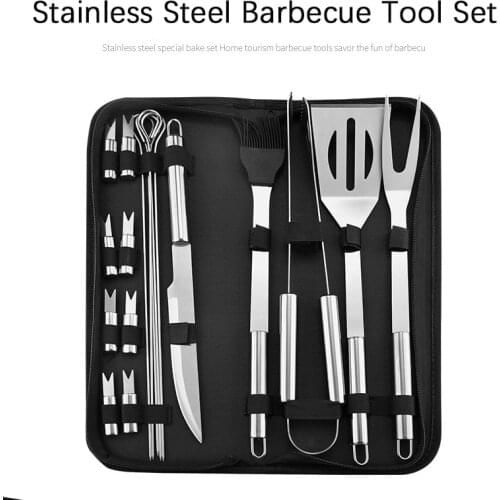 20pcs/set Stainless Steel Barbecue Tool Set Food Fork Grilled Skewer Steel Wire Grilling Clip Home Outdoor Portable Bag BBQ Tool