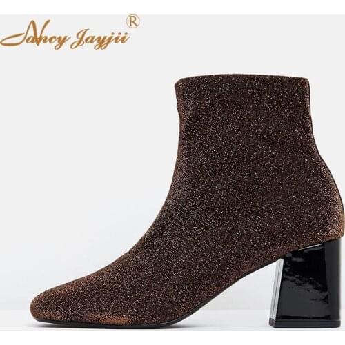 Women Adult Lady Boots Black Solid Ankle Round Toe Super High Square heels Mature Concise Nancyjayjii 2019 Knitting