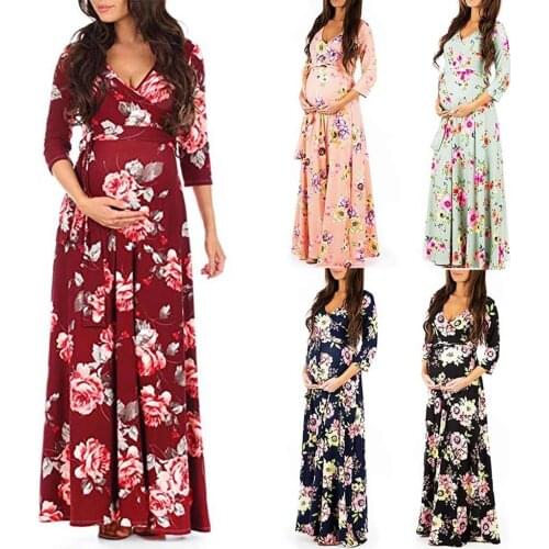 JAYCOSIN Pregnancy Clothes Lady Elegant Woman Print Wrap Maternity Dress Adjustable Belt Multi-function Pregnant Long Dresses