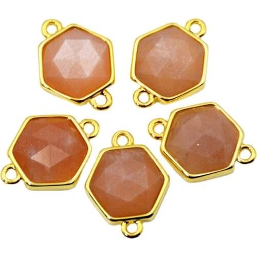 Wholesale faceted sun stone Hexagon shape Gem stone connector gold bezel setting jewelry charms fashion bracelet findings