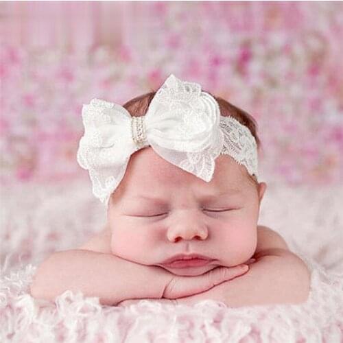 White Lace Crystal Bow Baby Girl Headbands Elastic Hair Accessories Kid Headwear Newborn Hairband Photography Prop