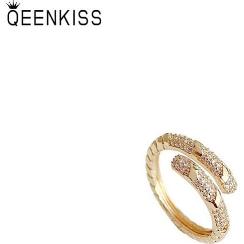 QEENKISS RG720 Fine Jewelry Wholesale Fashion Trendy Woman Girl Birthday Wedding Gift Resizable Open AAA Zircon 18KT Gold Ring