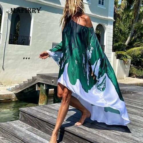 Sexy Off Shoulder Summer Casual Beach Dress Women Diagonal Collar Lion Printing Swimwear Female Cover Up Loose Party Dress 2021