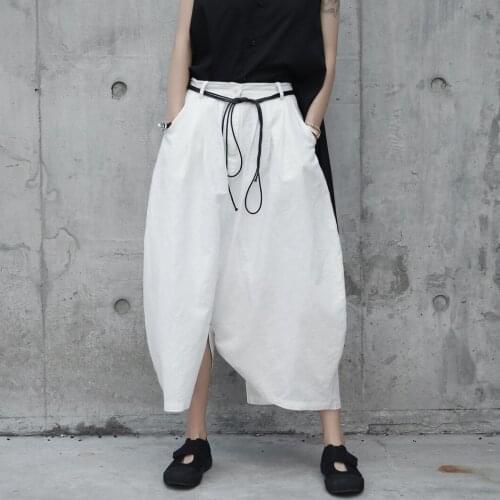 Dark black Japanese original white cotton and linen trousers arc-shaped hemp loose casual pants210554