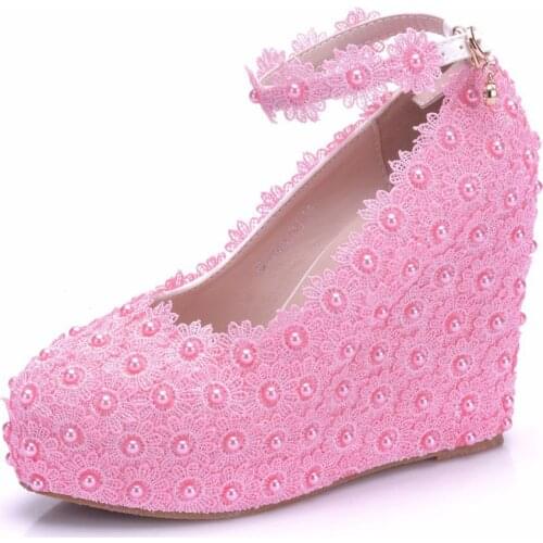 Classic Pink Flower Wedding Shoes Multicolour Lace Pearl High Heels Sweet Bride Dress Shoes Beading Wedges Women Pumps Large
