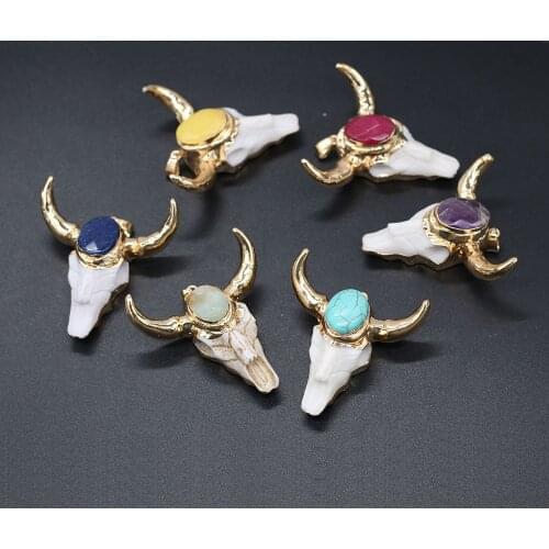 Vintage Bull Head Pendant Golden-plated OX Horn Lapis lazuli Pendant for Jewelry Making DIY Tribe Necklace Gift