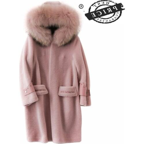 Pink Real 2021 Fur Coat Female Winter Women Jacket + Large Raccoon Fur Hooded 100% Wool Long Jacket Sheep Fur Coat 23a3a