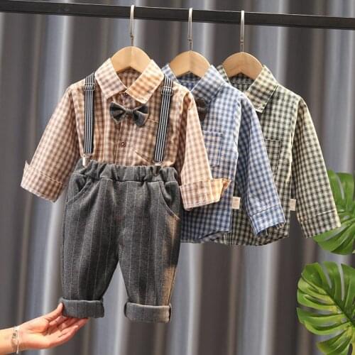 2021 Spring Infant Clothes Baby Girls Boys Clothing Cotton Plaid Long Sleeve T Shirt+Overalls Pants 2pc Suits Children Clothing