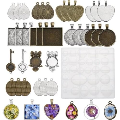 35 pcs Silicone Resin Mold DIY Time Gem Jewelry Casting Epoxy Combination Set with round oval alloy heart-shaped owl base Craft