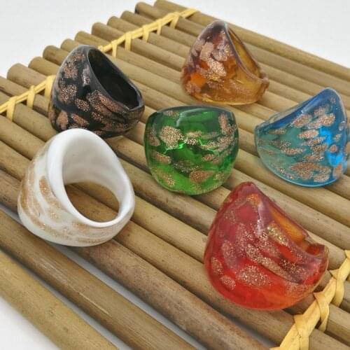 6Pcs 17-19mm Dots Gold Sand Lampwork 3D Glass Rings, Fashion Ring