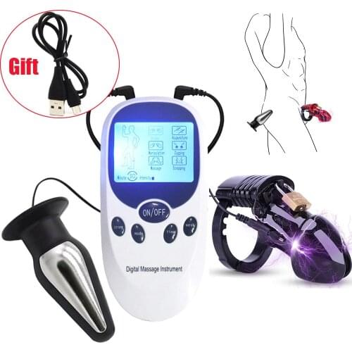 USB Charge Electro Shock CB6000 Cock Lock Cage Sex Ball Stretcher E-Stim Anal Plug Penis Ring Male Chastity Electric Sex Tools