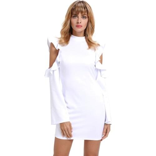 Free Shipping 3 Color S-XL Cold Shoulder Long Sleeve Bodycon Dress For Women Stylish Ruffled Midi Dress 3S220150