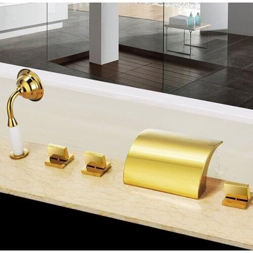 Free ship Waterfall Roman Tub shower Deck Mount 5Pcs widespread GOLD PVD Bath Mixer