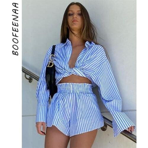 BOOFEENAA White Blue Striped Blouse and Shorts Sets French Fashion Sexy 2 Piece Short Suits for Women Vacation Outfits C85-EZ25