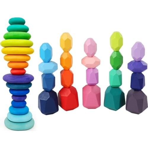 Childrens Wooden Colored Stone Jenga Building Block Educational Toy Creative Nordic Style Stacking Game Rainbow Wooden Toy Gift
