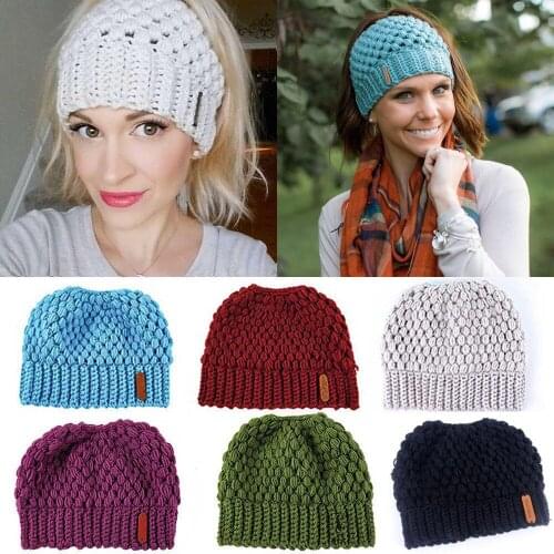 Women Girls Ponytail Beanie Winter Soft Stretch Cable Knit Crochet High Bun Ladies Hat