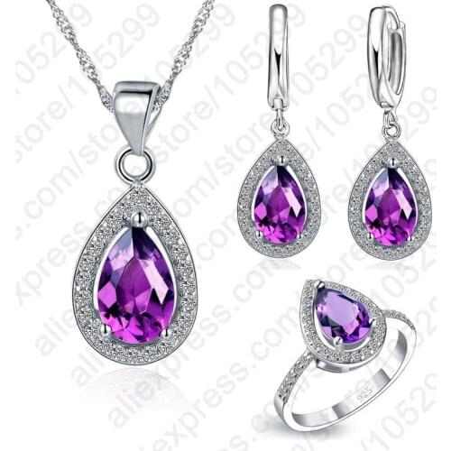 Purple Jewelry Sets Water Drop Cubic Zirconia CZ Stone 925 Sterling Silver Earrings Necklaces Finger Rings US 6-9