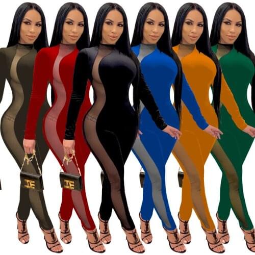 Echoine Women Autumn Winter Solid Mesh See-Through Bodycon Jumpsuits Clothes Sexy High Waist Tight Rompers Party Club Overalls
